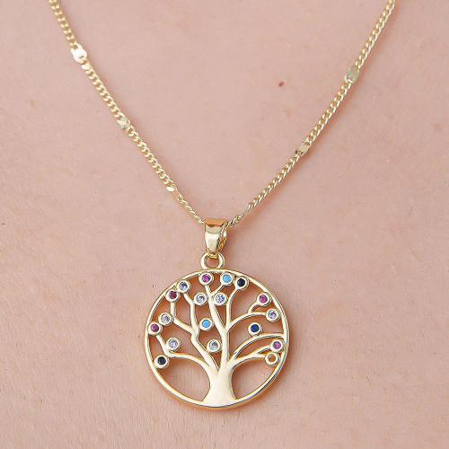 Cubic Zircon Micro Pave Brass Necklace Tree gold color plated fashion jewelry & micro pave cubic zirconia & for woman & hollow nickel lead & cadmium free Length Approx 45-50 cm Sold By PC