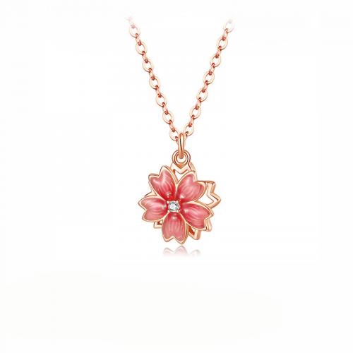 Cubic Zircon Micro Pave Brass Necklace, with 1.97inch extender chain, Flower, rose gold color plated, fashion jewelry & micro pave cubic zirconia & for woman & enamel, nickel, lead & cadmium free, Length:Approx 15.75 Inch, Sold By PC