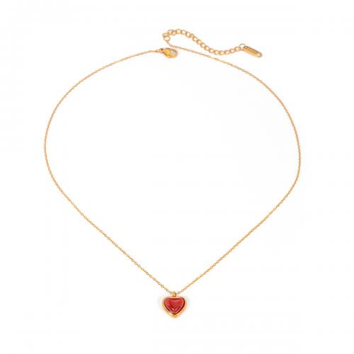 Stainless Steel Jewelry Necklace 304 Stainless Steel with Red Agate with 5cm extender chain Heart 18K gold plated fashion jewelry & for woman golden Sold Per Approx 45 cm Strand