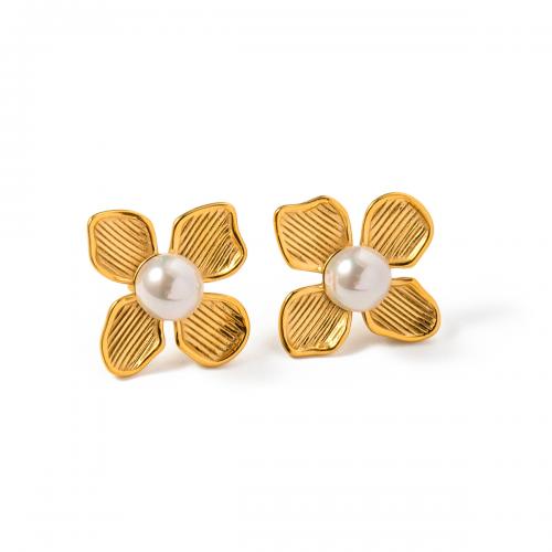Stainless Steel Stud Earrings, 304 Stainless Steel, with Shell Pearl, Flower, 18K gold plated, fashion jewelry & for woman, golden, 18.60mm, Sold By Pair