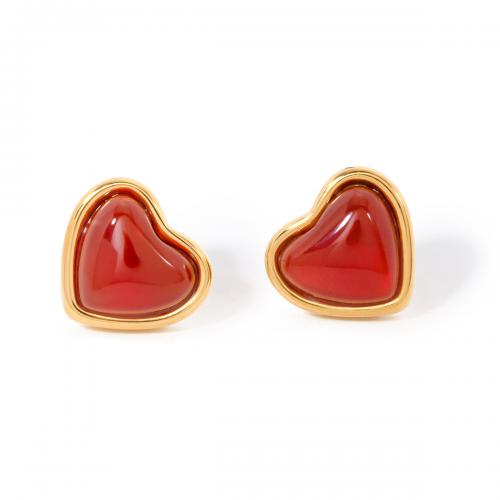 Stainless Steel Stud Earrings, 304 Stainless Steel, with Red Agate, Heart, 18K gold plated, Hidden Pendant & fashion jewelry & for woman, golden, 11x12mm, Sold By Pair