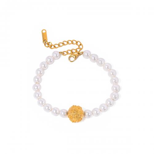 Stainless Steel Jewelry Bracelet, 304 Stainless Steel, with Glass Pearl, with 5cm extender chain, 18K gold plated, fashion jewelry & for woman, golden, Sold Per Approx 16.5 cm Strand