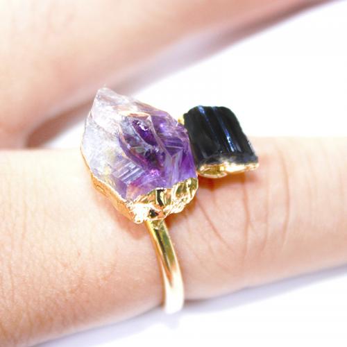 Brass Finger Ring, with Schorl & Amethyst, Heart, gold color plated, fashion jewelry & for woman, mixed colors, nickel, lead & cadmium free, inner diameter:17~20mm, Sold By PC