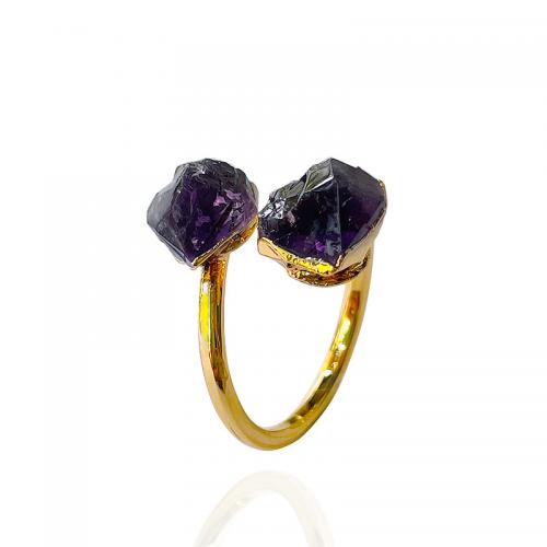 Brass Finger Ring with Amethyst irregular gold color plated fashion jewelry & for woman purple nickel lead & cadmium free inner ~20mm Sold By PC