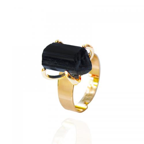 Mässing Finger Ring, med Schorl, Oregelbunden, guldfärg pläterade, Justerbar & mode smycken & för kvinna, svart, nickel, bly och kadmium gratis, inner diameter:17~20mm, Säljs av PC