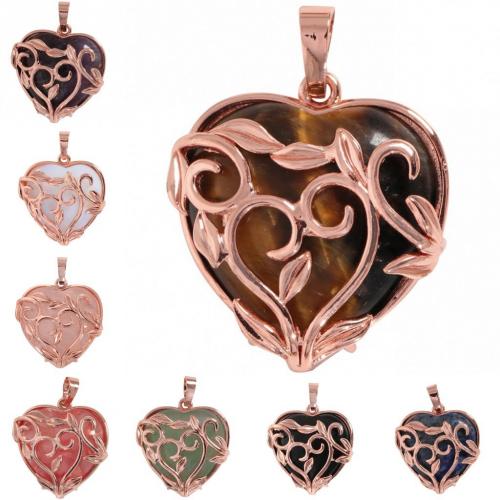 Gemstone Pendants Jewelry Natural Stone with Brass Heart rose gold color plated DIY Sold By PC