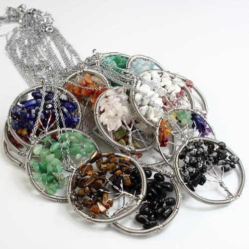 Gemstone šperky náhrdelník, Přírodní kámen, s Mosaz, Kolo, barva stříbrná á, módní šperky & různé materiály pro výběr, více barev na výběr, 50mm, Délka 55 cm, Prodáno By PC