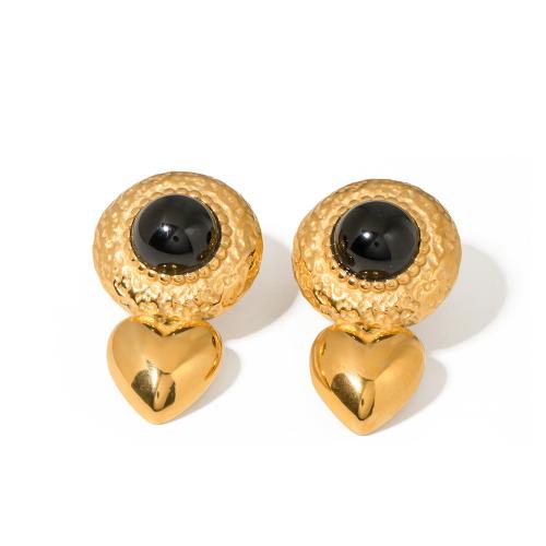Stainless Steel Stud Earrings 304 Stainless Steel with Stone 18K gold plated fashion jewelry & for woman black nickel lead & cadmium free Sold By Pair
