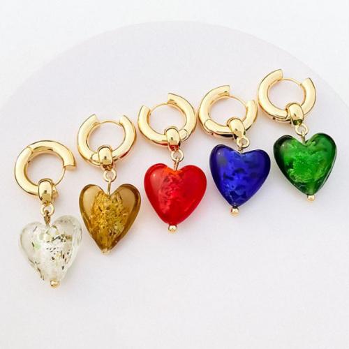 Huggie Hoop Drop Earring Brass with Lampwork Heart 18K gold plated fashion jewelry & for woman nickel lead & cadmium free Sold By Pair