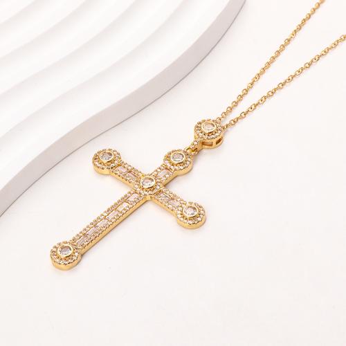 Cubic Zircon Micro Pave Brass Necklace Cross plated micro pave cubic zirconia & for woman golden Length Approx 41-50 cm Sold By PC
