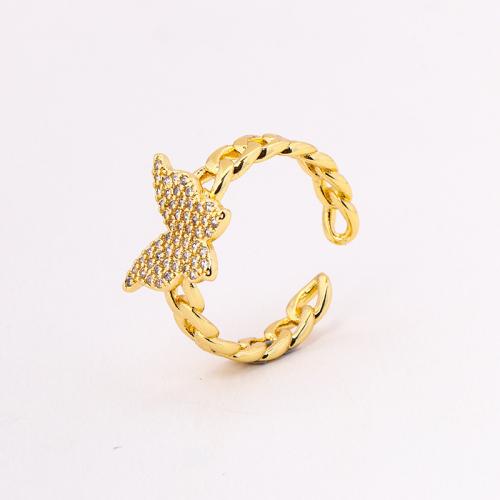 Cúbicos Circonia Micro Pave anillo de latón, metal, Mariposa, chapado, micro arcilla de zirconia cúbica & para mujer, dorado, Vendido por UD