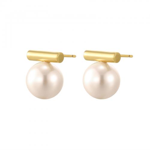Messing oorbelknoppen, met Plastic Pearl, plated, voor vrouw, gouden, 15x13mm, Verkocht door pair