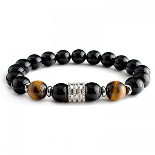 Obsidian Bracelet with Tiger Eye & 304 Stainless Steel Round handmade & for man Length Approx 7.5-11.4 Inch Sold By PC