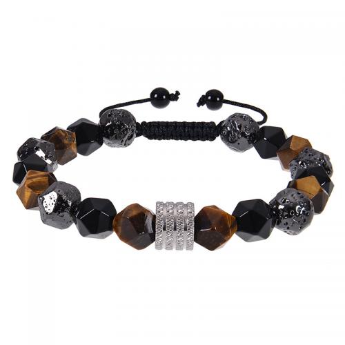 Lava Bracelet, with Obsidian & Tiger Eye & 304 Stainless Steel, Geometrical Pattern, handmade, different styles for choice & for man & faceted, beads length 10mm, Length:Approx 7-11.8 Inch, Sold By PC