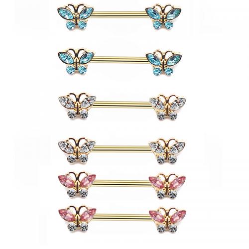 Zinc Alloy nipple ring with Glass Rhinestone & 316L Stainless Steel Butterfly gold color plated fashion jewelry & Unisex Sold By PC