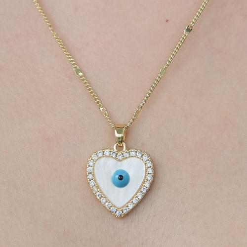 Evil Eye Jewelry Necklace Brass with Shell gold color plated fashion jewelry & micro pave cubic zirconia & for woman & enamel nickel lead & cadmium free Length Approx 45-50 cm Sold By PC