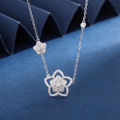 Cubic Zircon Micro Pave 925 Sterling Silver Necklace, with 1.97inch extender chain, Flower, plated, fashion jewelry & micro pave cubic zirconia & for woman, more colors for choice, nickel, lead & cadmium free, Length:Approx 15.75 Inch, Sold By PC