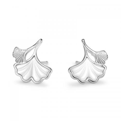 925 Sterling Silver Stud Earrings with White Shell Ginkgo Leaf plated fashion jewelry & for woman nickel lead & cadmium free Sold By Pair