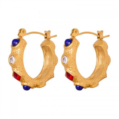 Boucle d'oreille Acier Titane, avec turquoise & zircon cubique & verre, Plaqué or 18K, bijoux de mode & pour femme, doré, 20x23mm, Vendu par paire