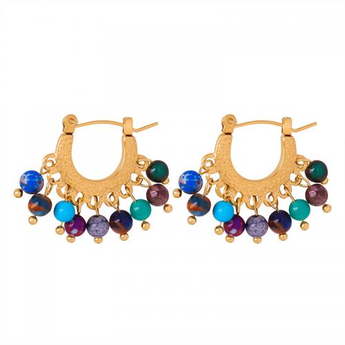Boucle d'oreille Acier Titane, avec Agate, bijoux de mode & pour femme, doré, 21x25mm, Vendu par paire
