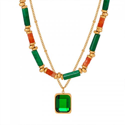 Titanstahl Halskette, mit Naturstein & Glas, mit Verlängerungskettchen von 5cm, Doppelschicht & Modeschmuck & für Frau, goldfarben, Länge:ca. 36 cm, ca. 38 cm, verkauft von PC