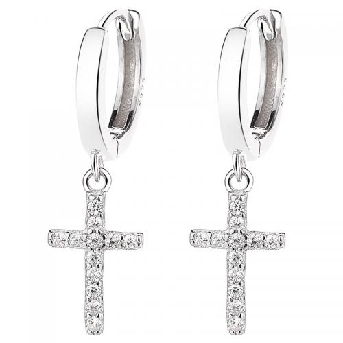 Cubic Zirconia Micro Pave Sterling Silver Earring 925 Sterling Silver Cross plated micro pave cubic zirconia & for woman Sold By Pair