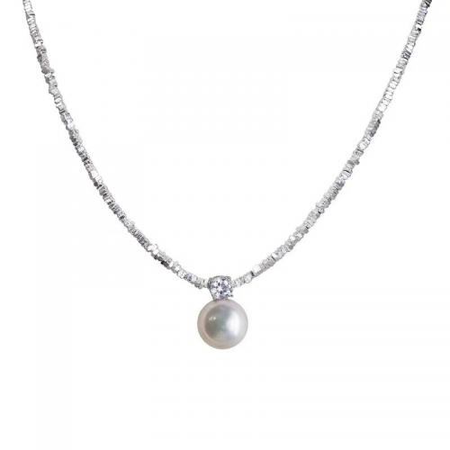 925 Sterling Silver Necklace, with Glass Pearl, with 2inch extender chain, Round, micro pave cubic zirconia & for woman, silver color, Length:Approx 16 Inch, Sold By PC