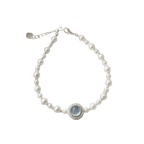 925 Sterling Silver Bracelet with Aquamarine & Freshwater Pearl & Glass Pearl Round & for woman Length Approx 6 Inch Sold By PC