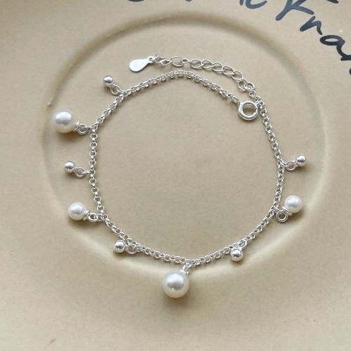 925 Sterling Silver Bracelet, with Glass Pearl, with 1.2inch extender chain, Korean style & for woman, silver color, Length:Approx 6.3 Inch, Sold By PC