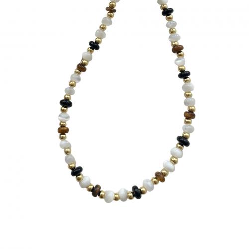 925 Sterling Silver Necklace with Black Agate & Trochus with 2inch extender chain gold color plated Korean style & for woman Length Approx 15.7-16 Inch Sold By PC