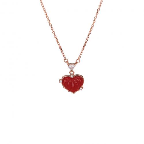 925 Sterling Silver Necklace, with Resin, with 2inch extender chain, Heart, rose gold color plated, cross chain & Korean style & micro pave cubic zirconia & for woman, Length:Approx 15.7 Inch, Sold By PC