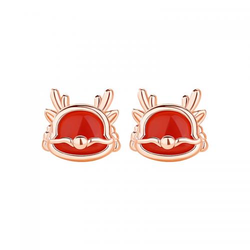 925 Sterling Silver Stud Earring with Red Agate Dragon rose gold color plated vintage & for woman Sold By Pair