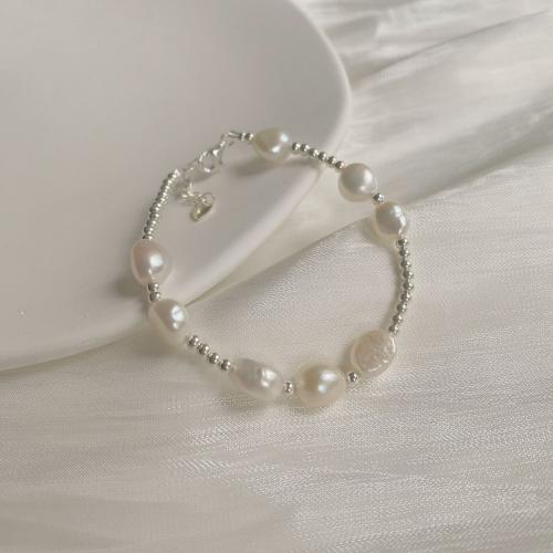 925 Sterling Silver Bracelet, with Freshwater Pearl, with 1.2inch extender chain, Korean style & for woman, silver color, Length:Approx 6.3 Inch, Sold By PC