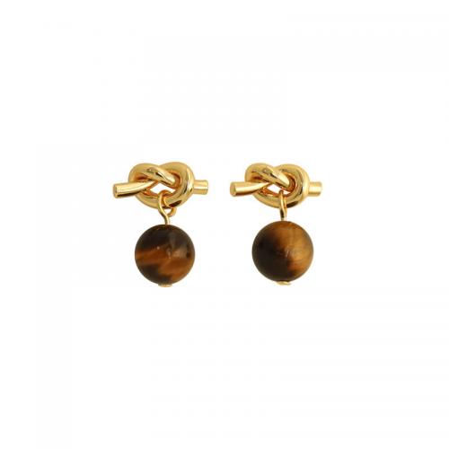 925 Sterling Silver Drop Earring, with Tiger Eye, Round, gold color plated, Korean style & for woman, 10.30x16mm, Sold By Pair