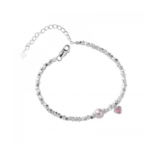 925 Sterling Silver Bracelet, with Glass Pearl, with 1.2inch extender chain, Heart, Korean style & micro pave cubic zirconia & for woman, more colors for choice, Length:Approx 6.3 Inch, Sold By PC