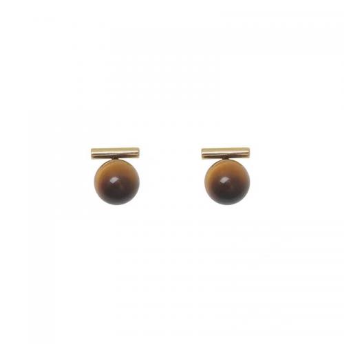 925 Sterling Silver Stud Earring, with Tiger Eye, Round, gold color plated, Korean style & for woman, 10.20x13.20mm, Sold By Pair