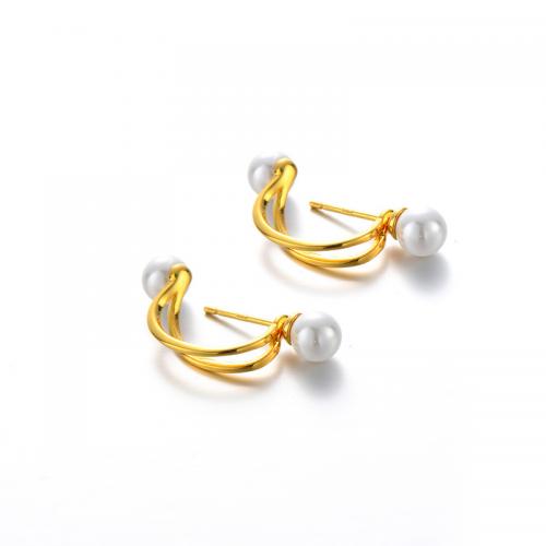 925 Sterling Silver Stud Earring, with Glass Pearl, plated, Korean style & for woman & hollow, more colors for choice, 24x5mm, Sold By Pair