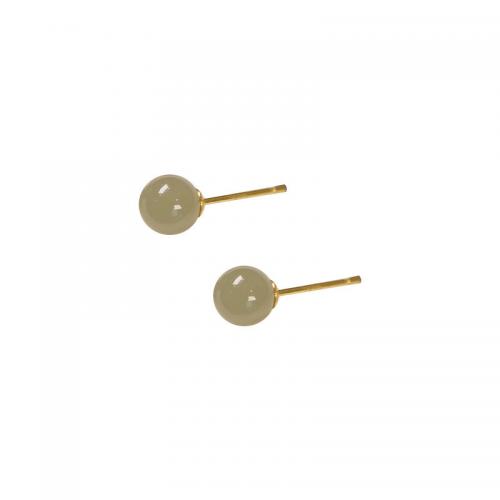 925 Sterling Silver Stud Earring with Hetian Jade Round gold color plated Korean style & for woman 6mm Sold By Pair