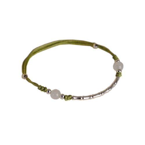 925 Sterling Silver Bracelet with Jade & Polyester Cord Bamboo folk style & for woman Inner Approx 110mm Sold By PC