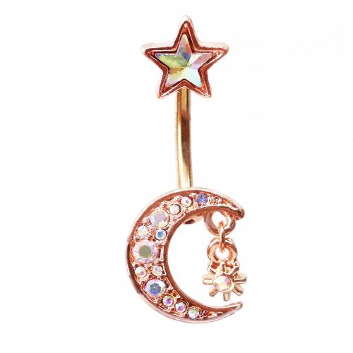 316L Stainless Steel Belly Ring Moon and Star plated Unisex & with rhinestone Sold By PC