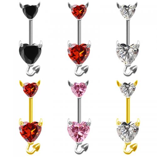316L Stainless Steel Belly Ring, with Brass, Heart, plated, Unisex & with cubic zirconia, more colors for choice, rod size 1.6x10mm, Sold By PC