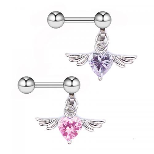 316L Stainless Steel Piercing Earring with Brass Winged Heart Unisex & with cubic zirconia Sold By PC
