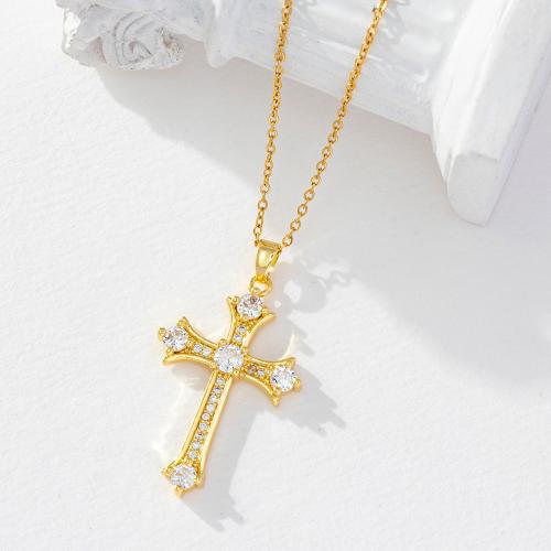 Cubic Zircon Micro Pave Brass Necklace with 6cm extender chain Cross real gold plated fashion jewelry & micro pave cubic zirconia & for woman nickel lead & cadmium free Length Approx 40 cm Sold By PC