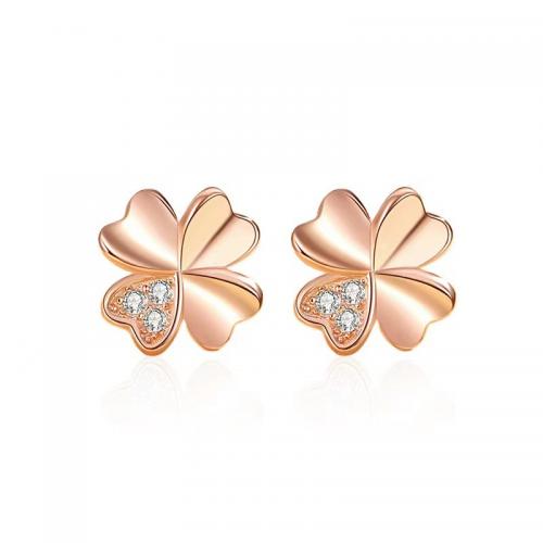 Cubic Zirconia Micro Pave Sterling Silver Earring, 925 Sterling Silver, Four Leaf Clover, plated, fashion jewelry & micro pave cubic zirconia & for woman, more colors for choice, nickel, lead & cadmium free, 9mm, Sold By Pair