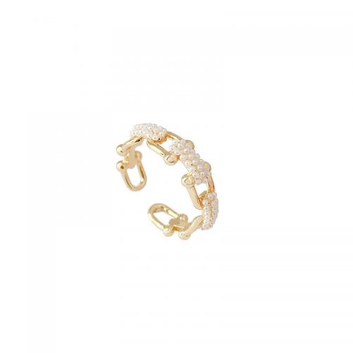 Brass δάχτυλο του δακτυλίου, Ορείχαλκος, με Πλαστικά Μαργαριτάρι, χρώμα επίχρυσο, κοσμήματα μόδας & για τη γυναίκα, χρυσαφένιος, νικέλιο, μόλυβδο και κάδμιο ελεύθεροι, inner diameter 17mm, Sold Με PC