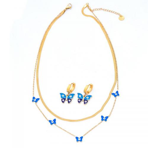 Jewelry Sets, Titanium Steel, with 6cm extender chain, Butterfly, epoxy gel, fashion jewelry & different styles for choice & for woman, golden, pendant 9mm, earring 19*33mm, Length:Approx 41.5 cm, Approx 44.5 cm, Sold By PC