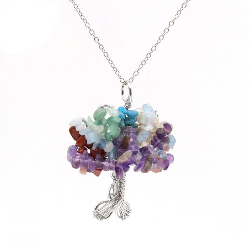 Gemstone smykker halskæde, Natur grus, med Messing, Tree of Life, forgyldt, mode smykker & Unisex, flere farver til valg, 60x45mm, Længde Ca. 50 cm, Solgt af PC