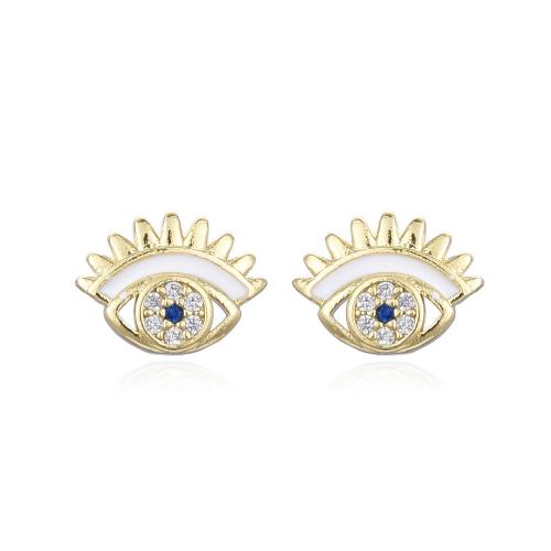 Evil Eye Øreringe, Messing, guldfarve belagt, mode smykker & Micro Pave cubic zirconia & for kvinde & emalje, flere farver til valg, nikkel, bly & cadmium fri, 10x7.50mm, Solgt af par