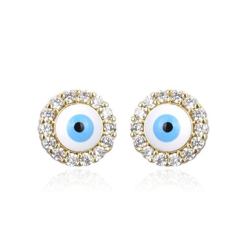 Evil Eye Earrings, Brass, Flat Round, gold color plated, fashion jewelry & micro pave cubic zirconia & for woman & enamel, more colors for choice, nickel, lead & cadmium free, 9mm, Sold By Pair