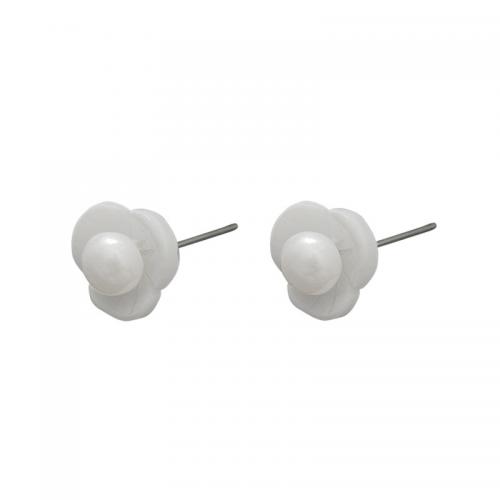 Brass Stud Earring, with Resin & Plastic Pearl, plated, for woman, platinum color, 10x9mm, Sold By Pair